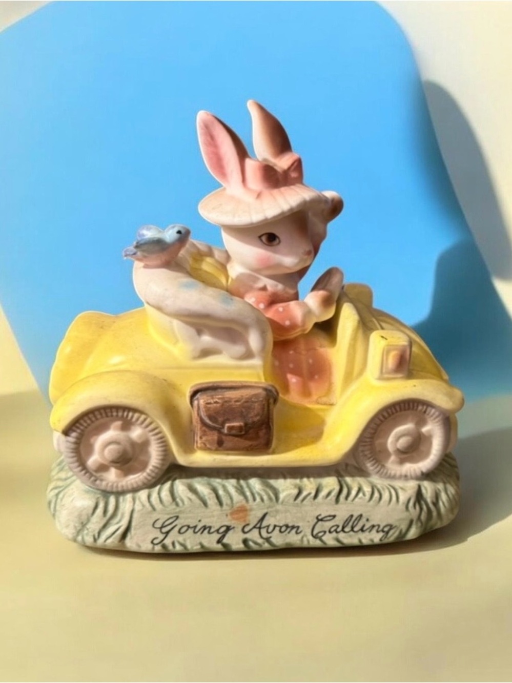 Vintage~1982~Avon~Collectible~Figurine~Rabbit in Car~Title “Going Avon Calling”